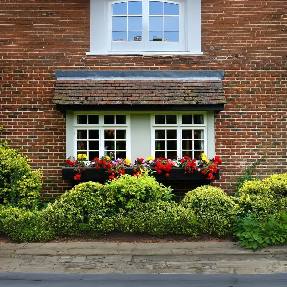Cream flush casement window in a brick cottage with flowers beneath