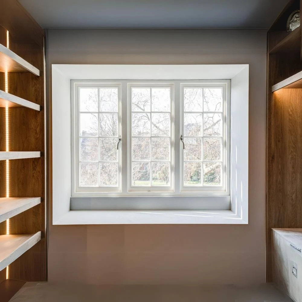 Interior view of a white flush casement window in a deep reveal